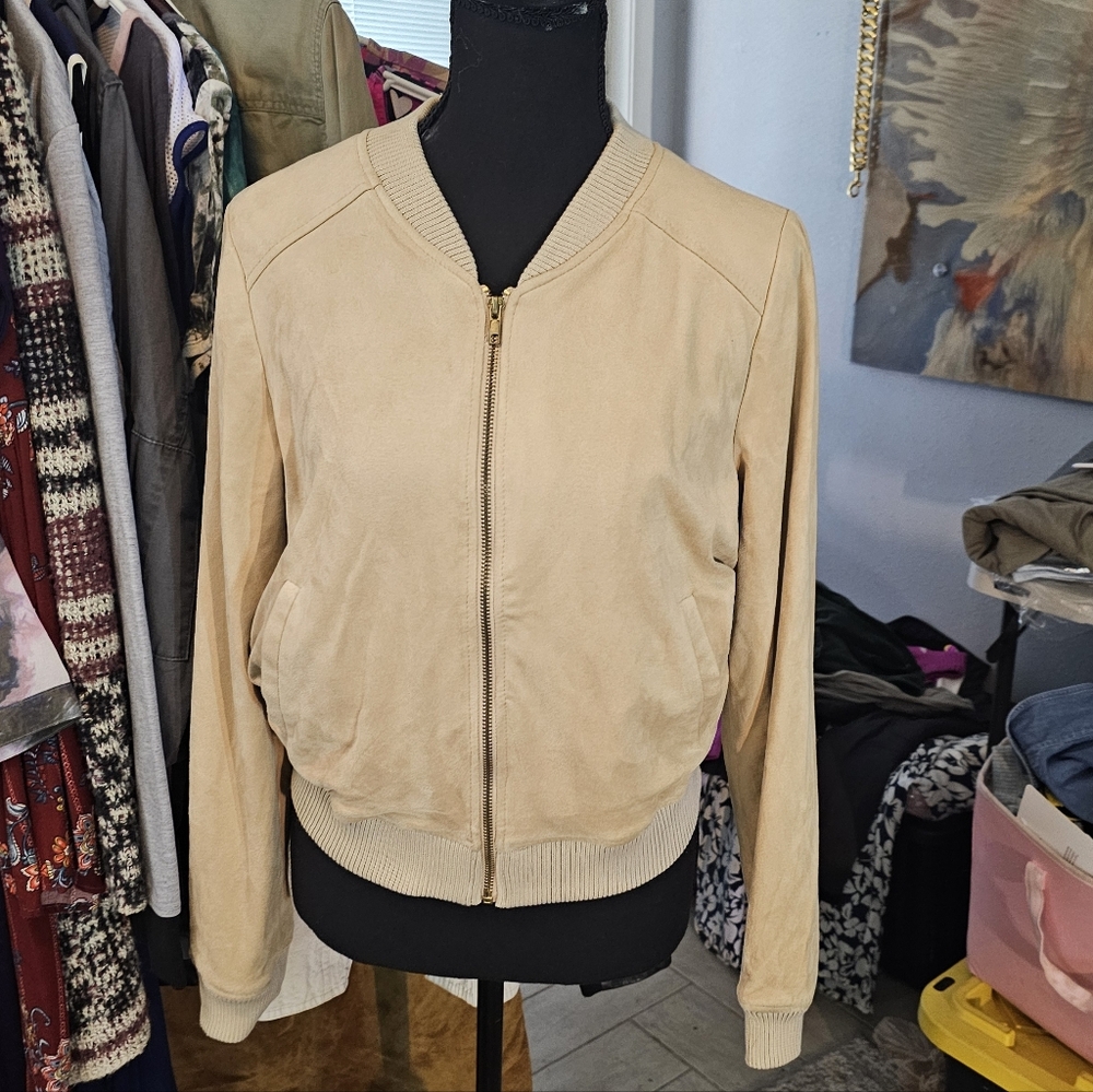 La Hearts Cream Bomber Jacket Y2K Lined Full Zip Faux Suede Medium